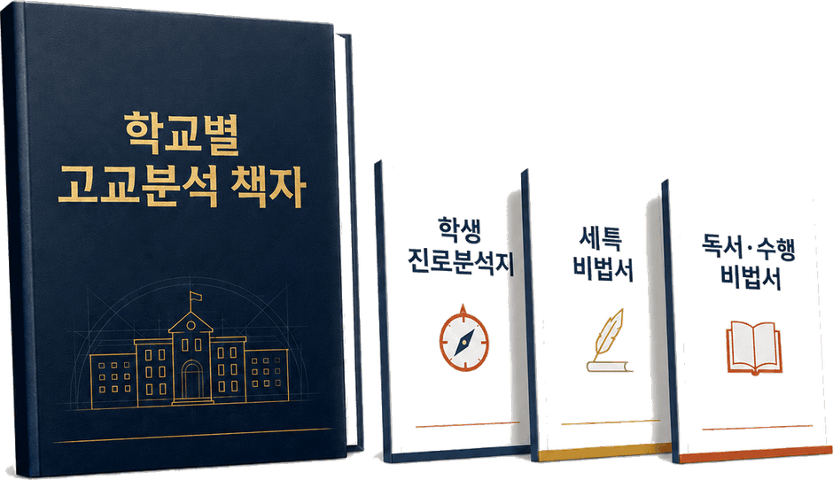 상담 선물 4종: 학교별 고교분석 책자, 학생 진로분석지, 세특 비법서, 독서·수행 비법서